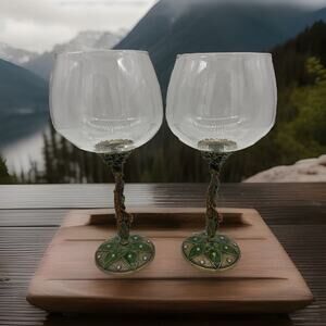 Rhinestone Jeweled Wine Glasses (2x) Goblet Bronze Enamel Stem w/Giraffe 8.5 in